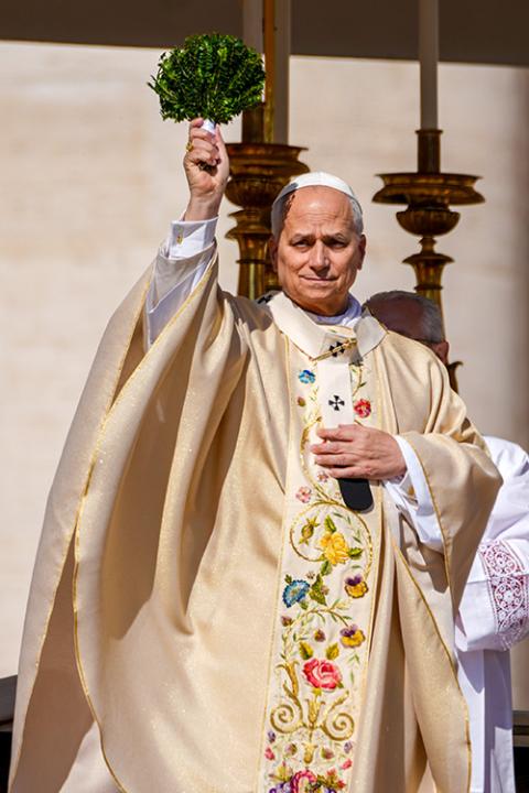 Pope Leo XIV blesses the faithful in St. Peter's Square with holy water during Easter morning Mass at the Vatican April 5, 2026. (CNS/Lola Gomez)