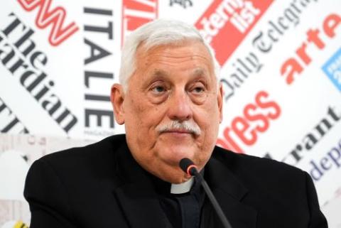 Jesuit Fr. Arturo Sosa, superior general of the Jesuits, speaks at a news conference in Rome April 10, 2025. (CNS/Lola Gomez)
