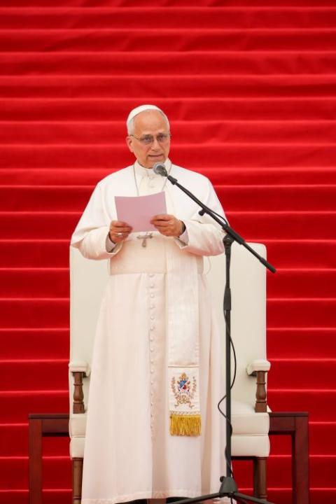 Pope Leo XIV speaks during a meeting with the world of culture at the Pope Leo XIV campus of the National University of Equatorial Guinea in Malabo, Equatorial Guinea, April 21, 2026. (CNS/Lola Gomez)