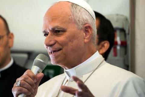 During a news conference aboard the plane flying back to Rome after leaving Equatorial Guinea, April 23, 2026, Pope Leo XIV said he condemned capital punishment. (CNS/Lola Gomez)