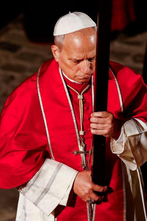 Pope Leo XIV leads the Way of the Cross at the Colosseum in Rome April 3, 2026. (OSV News photo/Reuters/Vincenzo Livieri)