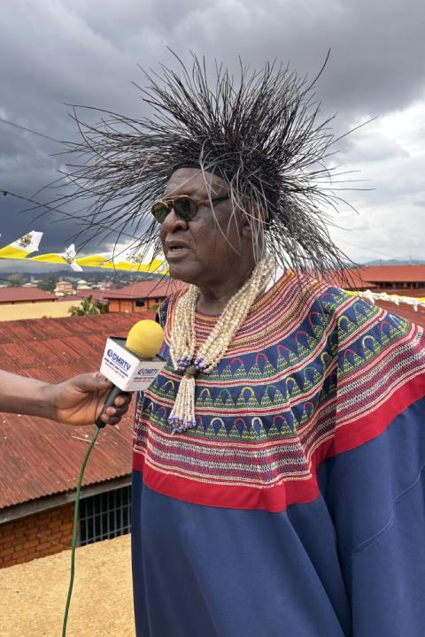 A tribal leader speaks with reporters after attending a meeting for peace with Pope Leo XIV in Bamenda, Cameroon, April 16, 2026. (NCR photo/Justin McLellan)