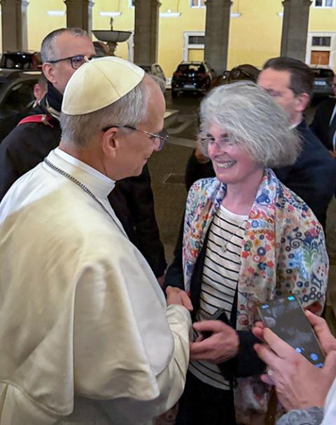 Xavière Sr. Nathalie Becquart greets the newly elected Pope Leo XIV in Palazzo Santo Ufficio, Vatican City, May 8, 2025. (OSV News/Courtesy of Nathalie Becquart)