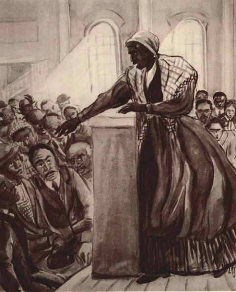 Sojourner Truth is depicted in "The Most Electrifying of the Orators on the Anti-Slavery Platform." (Black Catholic Messenger/The Associated Publishers/Tennessee State Library & Archives)