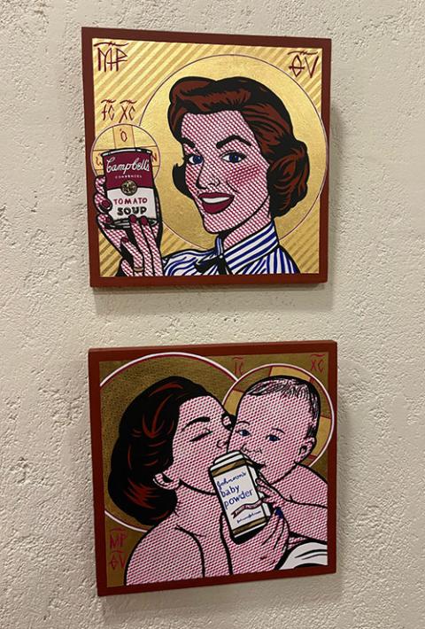 "Madonna and Child (Tomotokos)" and "Madonna and Child (Purest Protection)," artworks displayed at the "Twilight of the Idols" exhibition in St. Mary Chapel at St. Francis Xavier Church in New York, May 2026 (NCR photo/Camillo Barone)