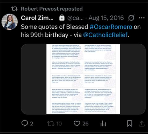 A screenshot of X, formerly known as Twitter, taken on May 8, 2025, shows Robert Prevost's repost of a tweet by Carol Zimmermann in 2016. (NCR screenshot)