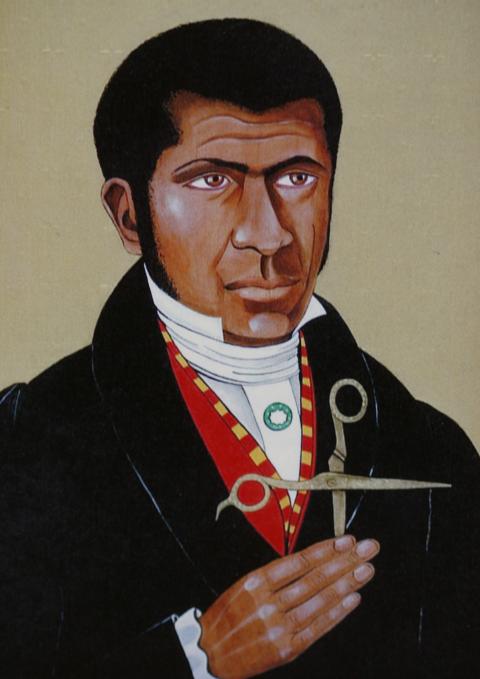 Painting of Pierre Toussiant holding golden scissors in shape of cross