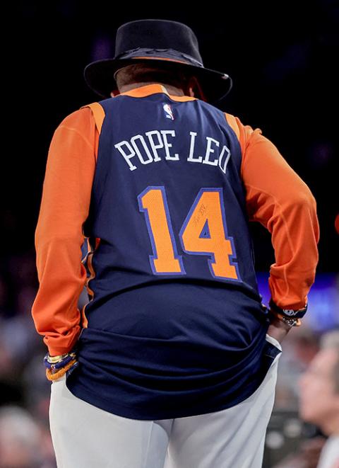 Spike Lee wears a New York Knicks jersey with the words Pope Leo on the back during the 2026 NBA Playoffs April 20 in New York City. (OSV News/Brad Penner-Imagn Images Via Reuters)