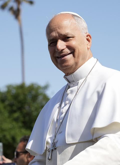 Pope Leo XIV smiles during a meeting with groups assisting migrant integration in Plaza del Cristo de La Laguna in San Cristóbal de La Laguna, Tenerife, Spain, June 12, 2026. (CNS/Lola Gomez)