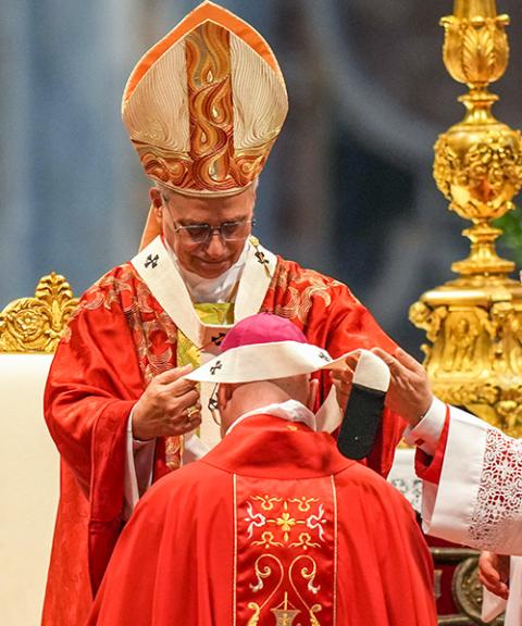 Archbishop James Golka of Denver receives his pallium from Pope Leo XIV during Mass in St. Peter’s Basilica at the Vatican June 29, 2026. (CNS/Lola Gomez)