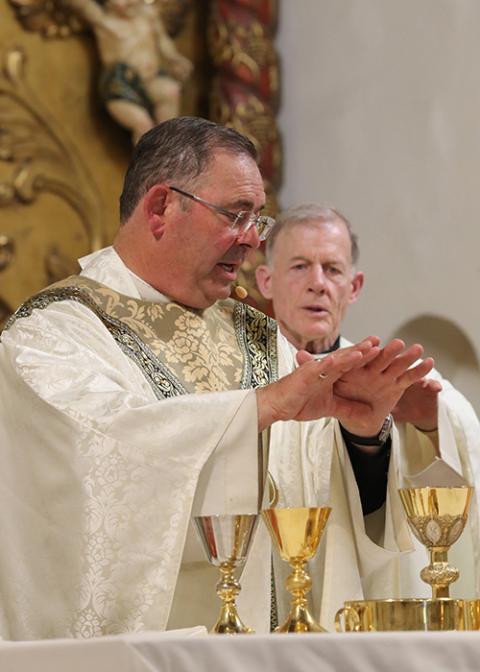 Santa Fe Archbishop John C. Wester, in back, and Tucson Bishop James A. Misko concelebrate Border Mass 250 at Sacred Heart Church in Nogales, Arizona, June 26, 2026. (OSV News/Bob Roller)