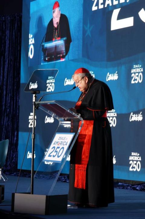 Cardinal Raymond Leo Burke addresses attendees at the "Zeale for America 250 Rally" held June 13 at the La Crosse convention center in Wisconsin. (Martyn Smith)