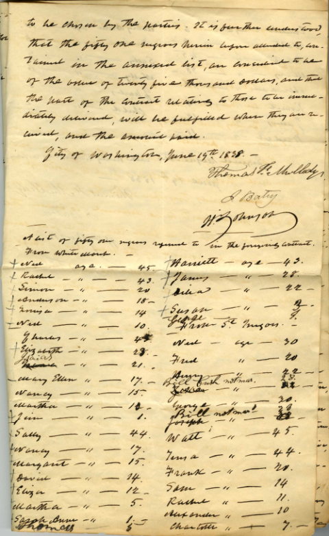 A document dated June 19, 1838, shows the agreement for the sale of 272 enslaved people from Jesuit Fr. Thomas Mulledy of Georgetown, to Jesse Beatty and Henry Johnson of Louisiana. The document identifies the people by name. (Courtesy of the Georgetown Slavery Archive)
