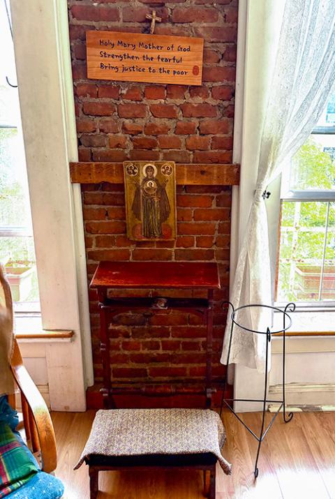 Martha Hennessy's kneeling stool in her bedroom at Maryhouse Catholic Worker in New York, June 8, 2026 (NCR photo/Camillo Barone)