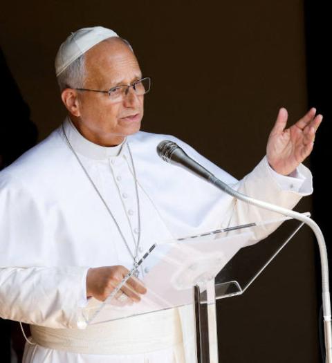 Pope Leo XIV leads the Angelus prayer in Piazza della Liberta in Castel Gandolfo, near Rome, July 26, 2026. He appealed for dialogue, diplomacy and prayers for a just peace in the Holy Land and the Middle East. (OSV News/Reuters/Remo Casilli)
