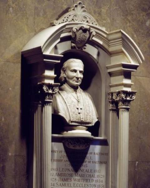 Bishop John Carroll, depicted in a statue at the Baltimore Basilica, Baltimore, Maryland, was a cousin of Charles Carroll, the only Catholic to sign the Declaration of Independence. (Library of Congress/Carol Highsmith)