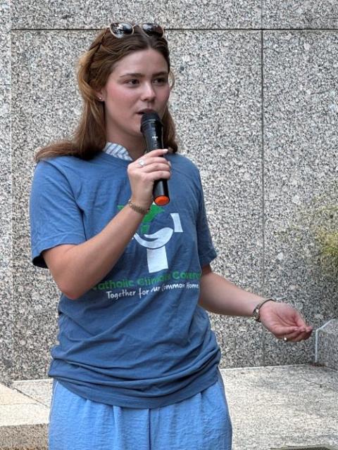 Sarah Hook, an intern with the Catholic Climate Covenant, speaks during a prayer service July 24 outside EPA headquarters in Washington, D.C. (Catholic Climate Covenant)