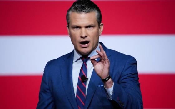 U.S. Secretary of Defense Pete Hegseth speaks to senior military leaders at Marine Corps Base Quantico in Virginia Sept. 30, 2025. In an unprecedented gathering, almost 800 generals, admirals and their senior enlisted leaders have been ordered into one location from around the world on short notice. (OSV News/Reuters/Andrew Harnik, pool)