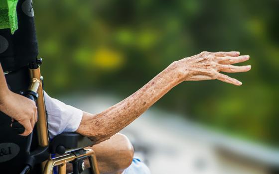 The hand of an elderly person in a wheelchair reaches out. (Pixabay/truthseeker08)