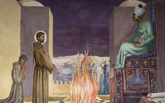 A fresco in the Shrine of La Verna in Italy depicts St. Francis of Assisi's meeting with the sultan of Egypt. (CNS/Octavio Duran)