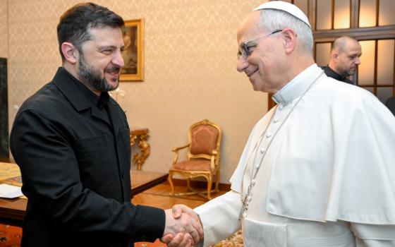 Ukrainian President Volodymyr Zelenskyy greets Pope Leo XIV during a meeting at the papal residence in Castel Gandolfo Dec. 9, 2025. The two spoke by phone April 3. (CNS/Vatican Media)