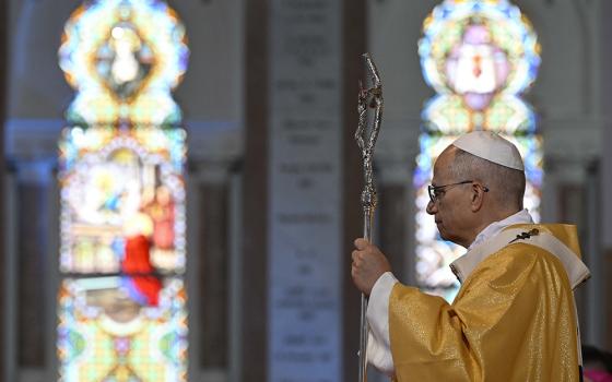 Pope Leo XIV stands with his crosier as he celebrates Mass at the Basilica of St. Augustine in Annaba, Algeria, April 14, 2026. (OSV News/Vatican Media/Simone Risoluti)