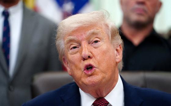 U.S. President Donald Trump speaks to the media in the Oval Office of the White House in Washington April 18, 2026. (OSV News/Reuters/Nathan Howard)