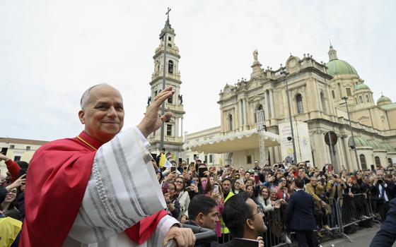 Pope Leo XIV arrives to celebrate Mass in Piazza Bartolo Longo in Piazza Bartolo Longo in front of the Pontifical Shrine of the Blessed Virgin of the Rosary of Pompeii near Naples, Italy, May 8, 2026, on the first anniversary of his election as the first American pontiff. (OSV News/Vatican Media/Simone Risoluti)