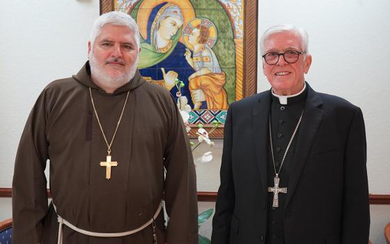 Fr. Emilio Biosca Agüero, a Capuchin Franciscan missionary who served in Cuba and Papua New Guinea, and Bishop Frank J. Dewane of Venice, Florida, pose for a photo in Venice May 13, 2026, after it was announced that Pope Leo XIV has accepted the resignation of Dewane, 76, who had led the southwest Florida diocese since 2006, and appointed Biosca as the new bishop of Venice. (OSV News/Courtesy of Diocese of Venice)