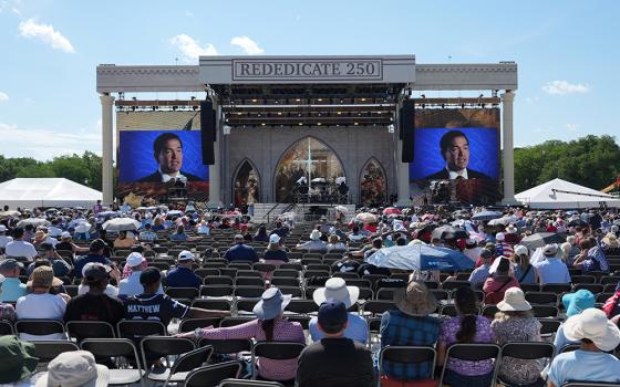 U.S. Secretary of State Marco Rubio appears on a screen at the "Rededicate 250: A National Jubilee of Prayer, Praise & Thanksgiving" event at the National Mall in Washington, May 17, 2026. (OSV News/Reuters/Eric Lee)