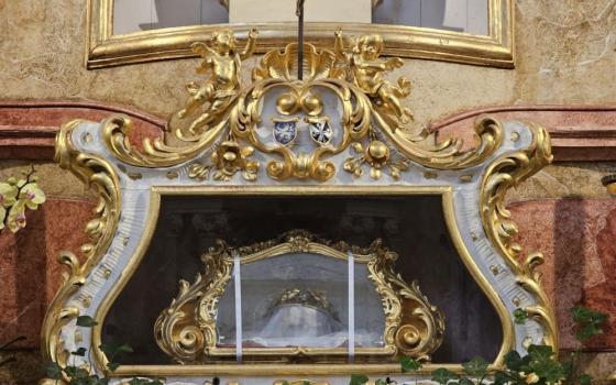The skull of St. Zdislava of Lemberk, a 13th-century Dominican laywoman whose remains have been venerated by pilgrims for centuries, is seen in an undated photo at the Basilica of St. Lawrence and St. Zdislava in Jablonne v Podjestedi, a small Czech town 70 miles north of Prague. On May 12, 2026, a thief slipped into the basilica just before evening Mass, smashed the glass reliquary and escaped in a flash with the saint’s skull. On May 15, police announced they had recovered the relic and found the thief. (