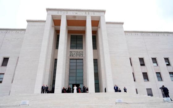 Pope Leo XIV visits the Città Universitaria (University City) at Sapienza University of Rome to meet with faculty and students at the institution's primary campus, one of the world's oldest and largest universities, May 14, 2026. (AP/Gregorio Borgia)