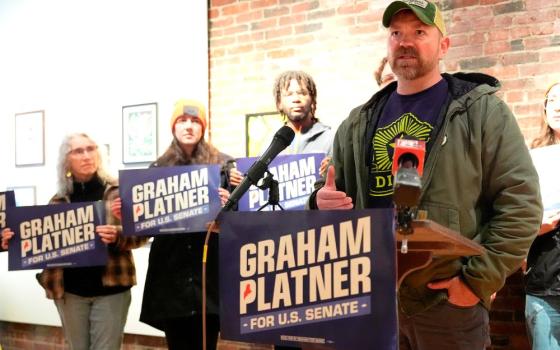 Graham Platner, Democratic candidate for U.S. Senate, speaks at a news conference April 30, 2026, in Lewiston, Maine. Maine Gov. Janet Mills announced dropped out of the Senate race the same day. Platner, the presumptive nominee, faces incumbent Republican U.S. senator Susan Collins, who is running for re-election to a sixth term and is uncontested in the primary. (AP/Robert F. Bukaty)