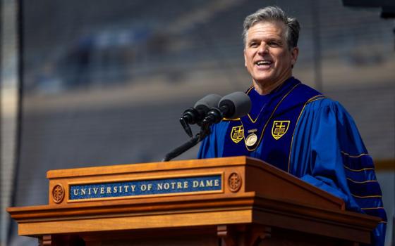Timothy Shriver speaks at the University of Notre Dame graduation ceremony May 17. Shriver received the Laetare Medal for his leadership with the Special Olympics (University of Notre Dame/Michael Caterina)