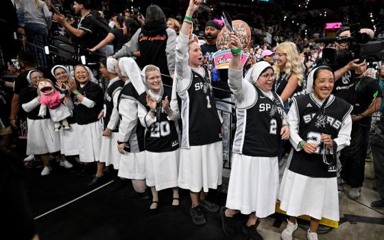 Nuns cheer before the first half of Game 6 in the Western Conference finals NBA basketball playoffs series between the San Antonio Spurs and the Oklahoma City Thunder, Thursday, May 28, 2026, in San Antonio. (RNS/AP/Darren Abate)