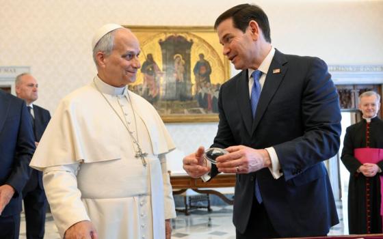 OPE LEO U.S. SECRETARY STATE MARCO RUBIO VATICAN VISIT Pope Leo XIV and U.S. Secretary of State Marco Rubio smile during a private audience at the Vatican May 7, 2026. (OSV News photo/Simone Risoluti Vatican Media)