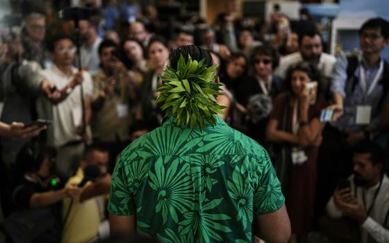 Joseph Sikulu, an activist from Tuvalu, talks during a conference aimed at transitioning away from fossil fuels, April 29, 2026, in Santa Marta, Colombia. (AP photo/Ivan Valencia)