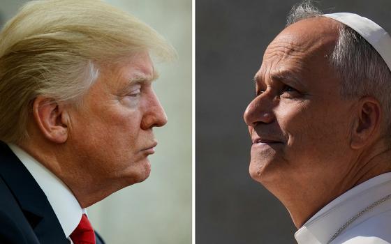 This combination file photos show on left, President Donald Trump listening during a meeting in the Oval Office of the White House, on Feb. 2, 2018, in Washington and on right, Pope Leo XIV arriving for his weekly general audience in St. Peter's Square, at the Vatican, on Aug. 6, 2025. (AP photos/Evan Vucci and Gregorio Borgia, file)