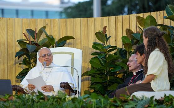 Pope Leo XIV speaks with young people during a prayer vigil at the Plaza de Lima in Madrid June 6, 2026. (CNS/Lola Gomez)