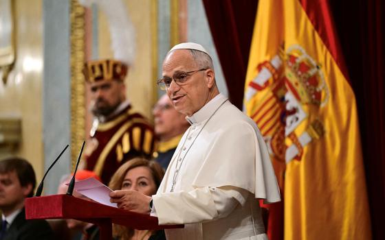 Pope Leo XIV delivers a speech during a joint session of the Spanish Parliament at the Congress of Deputies in Madrid, June 8, 2026, during his June 6-12 apostolic journey to Spain. (OSV News/Stefano Rellandinii, pool via Reuters)