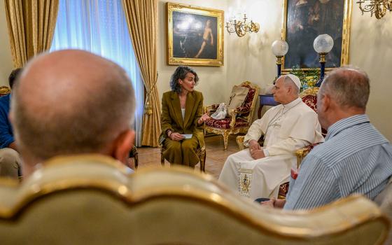 Pope Leo XIV meets with abuse victims at the Apostolic Nunciature in Madrid June 8, 2026, during his June 6-12 apostolic journey to Spain. During the conversation, which lasted nearly an hour, each of six victims, drawing on their own experiences, offered Leo suggestions on how to make the church's response to such cases more effective. (OSV News/Vatican Media/Simone Risoluti)