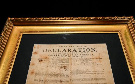 A July 1776 printing of the Declaration of Independence: The Exeter Broadside hangs on the wall during a press preview at Sotheby's in New York City, January 17, 2025. (OSV News/Reuters/Adam Gray)