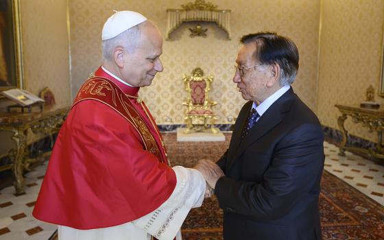 Pope Leo XIV greets Peruvian President José María Balcázar June 18, 2026, at the Vatican. (OSV News/Vatican Media/Simone Risoluti)
