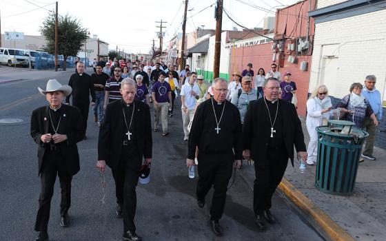 Bishop Mark J. Seitz of El Paso, Texas, Archbishop John C. Wester of Santa Fe, New Mexico, Phoenix Bishop John P. Dolan, and Bishop James A. Misko of Tucson, Arizona, lead a procession following Border Mass 250, at Sacred Heart Church in Nogales, Arizona, June 26, 2026. (OSV News/Bob Roller)