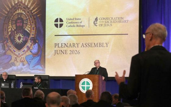 Bishop Barry Knestout of Richmond, Va., chairman of the bishops' Committee on the Protection of Children and Young People, listens as Baltimore Auxiliary Bishop Adam Parker asks a question during a June 11, 2026, session of the annual spring meeting of the U.S. Conference of Catholic Bishops in Orlando, Fla. (OSV News/Bob Roller)