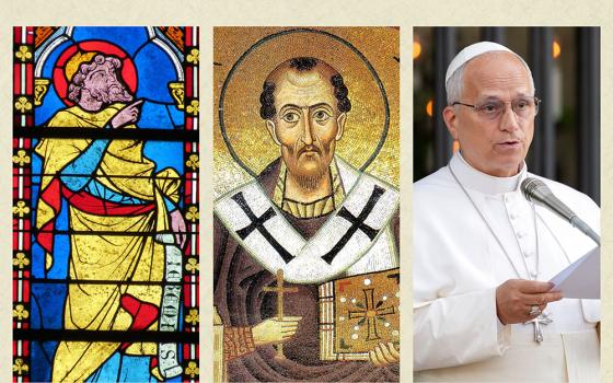 From left: The prophet Jeremiah in stained glass (Wikimedia Commons/Giogo); St. John Chrysostom in mosaic (Wikimedia Commons); Pope Leo XIV at a worldwide rosary for peace, held in the Vatican Gardens May 30, 2026 (CNS/Lola Gomez)
