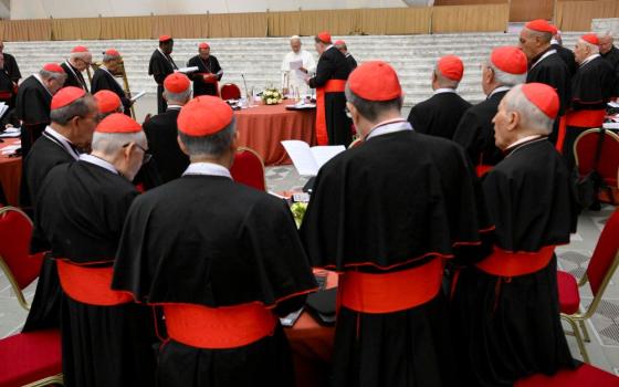 Pope Leo speaks June 26, 2026, at the opening of an extraordinary consistory of cardinals in the Paul VI Hall at the Vatican June 26-27. (OSV News/Vatican Media/Simone Risoluti)