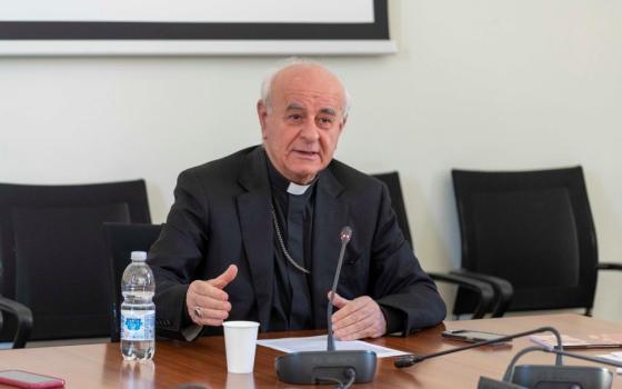Archbishop Vincenzo Paglia, then president of the Pontifical Academy for Life, speaks to reporters at the academy's office at the Vatican May 14, 2024. He served as president of the Pontifical Academy for Life and grand chancellor of the Pontifical John Paul II Institute for Studies on Marriage and the Family from 2016 to 2025. (CNS/Courtesy of the Pontifical Academy for Life)