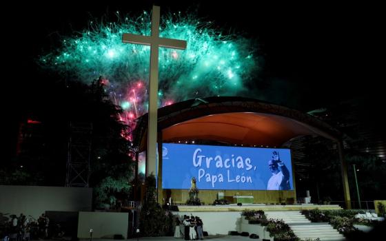 Fireworks explode at the end of a prayer vigil held by Pope Leo XIV at Plaza de Lima in Madrid June 6, 2026, during his apostolic journey to Spain. (OSV News photo/Reuters/Mohammed Salem)
