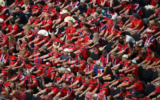 Norway fans perform a viking boat row before the World Cup round of 32 soccer match between Ivory Coast and Norway in Arlington, Texas, near Dallas June 30, 2026. (AP/Jessica Tobias)